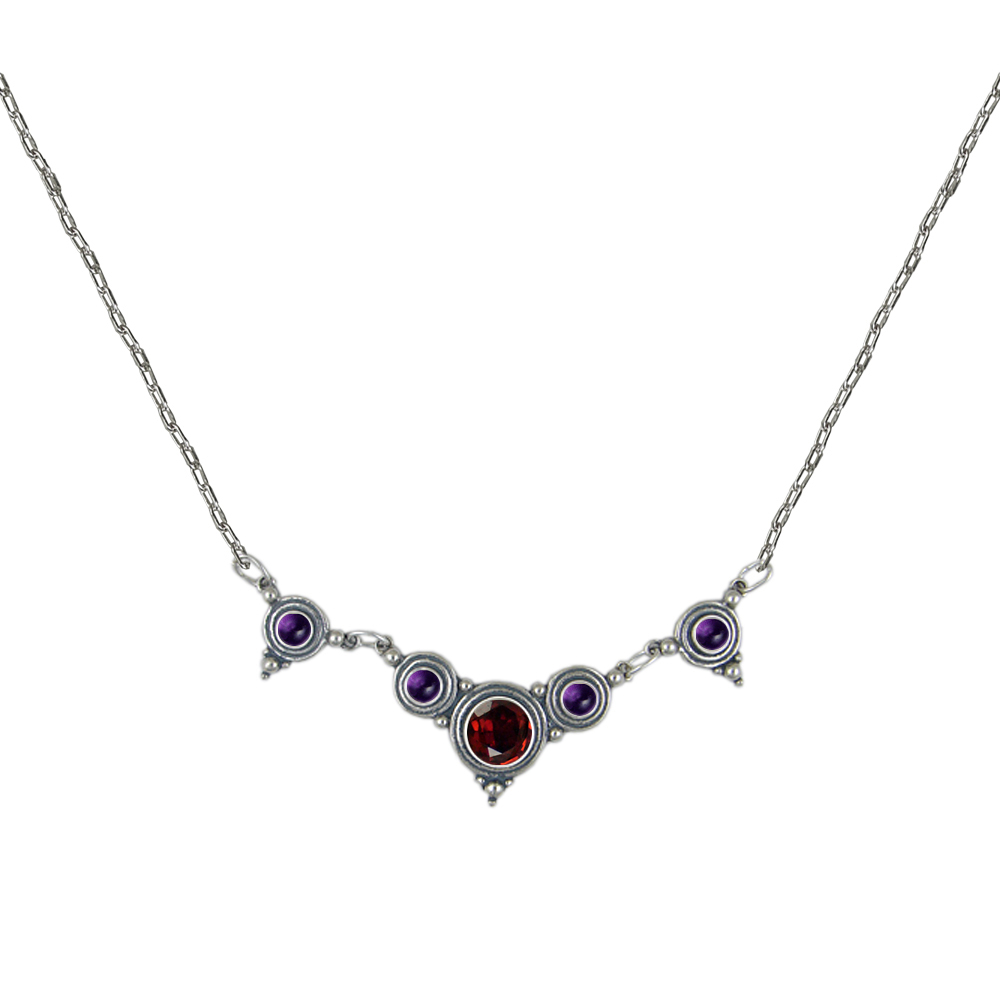 Sterling Silver Necklace With Garnet And Amethyst